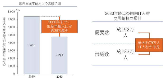 国内生産年齢人口の変動予測を示す縦棒グラフ。日本の生産年齢人口の将来推計(万人)。2020年7,406万人、2060年4,793万人。
2030年時点の国内IT人材の需給数の推計。需要数約192万人、供給数約133万人。最大約79万人IT人材が不足。