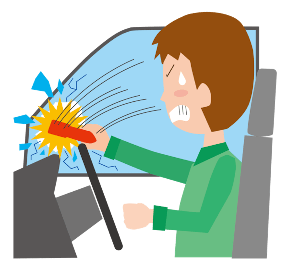 イラスト:サイドガラスの窓枠に近い場所を脱出用ハンマーで割る男性