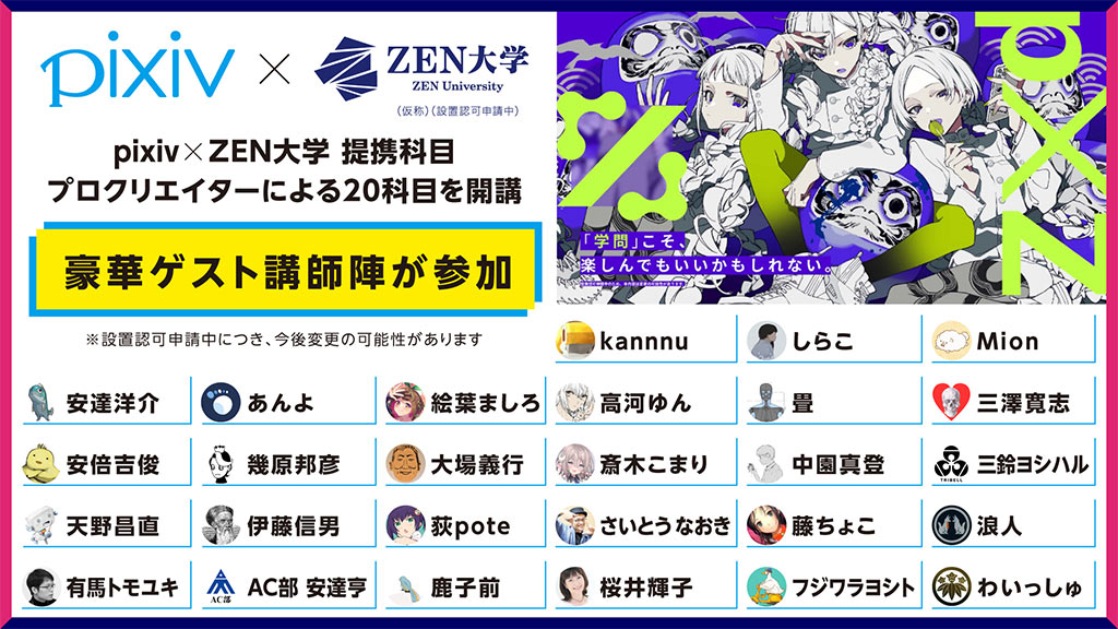 画像：「pixiv×ZEN大学」についての紹介。画面上部に「pixiv×ZEN大学 提携科目、プロクリエイターによる20科目を開講」「豪華ゲスト講師陣が参加。」「※設置認可申請中につき、 今後変更の可能性があります」の文字、その下に予定されているゲスト講師陣の名前一覧。「kannnu、しらこ、Mion、安達洋介、あんよ、絵葉ましろ、高河ゆん、畳、、三澤寛志、安倍吉俊、幾原邦彦、大場義行、斎木こまり、中園真登、三鈴ヨシハル、天野昌直、伊藤信男、荻 pote、さいとうなおき、藤ちょこ、浪人、有馬トモユキ、AC部 安達亨、鹿子前、桜井輝子、フジワラヨシト、わいっしゅ」。