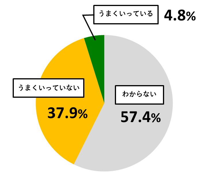 18歳意識調査結果の円グラフ:わからないが57.4%。うまくいっていないが37.9%。うまくいっているが4.8%。