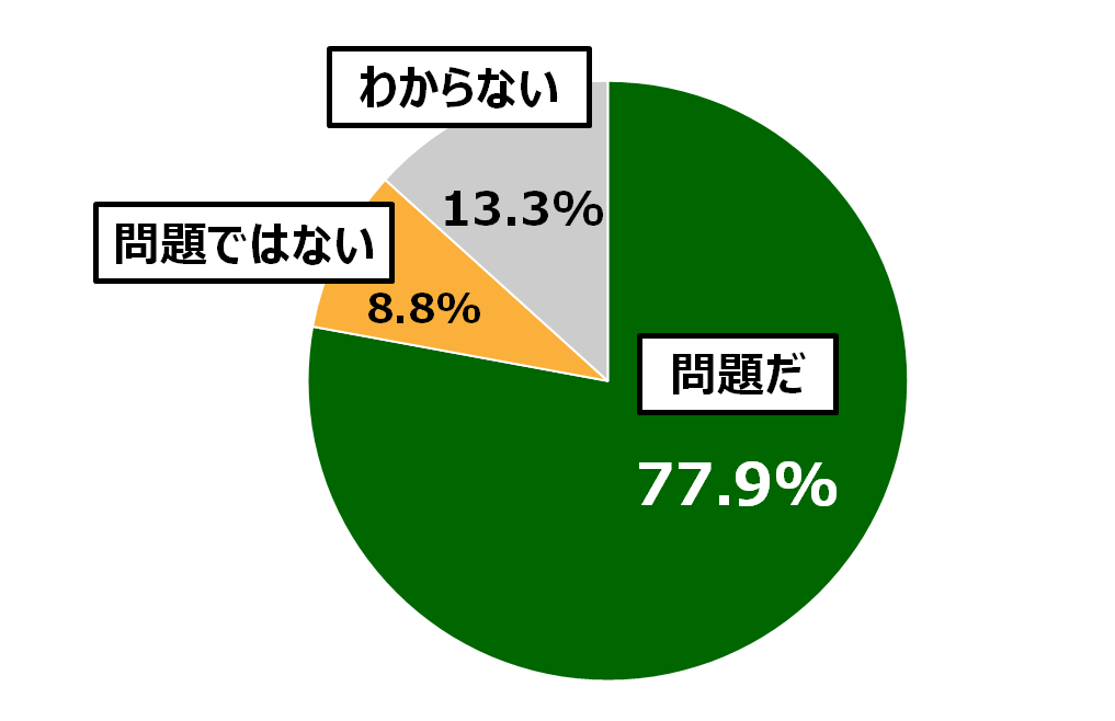 18歳意識調査結果の円グラフ:問題だ77.9%。問題ではない8.8%。わからない13.3%。