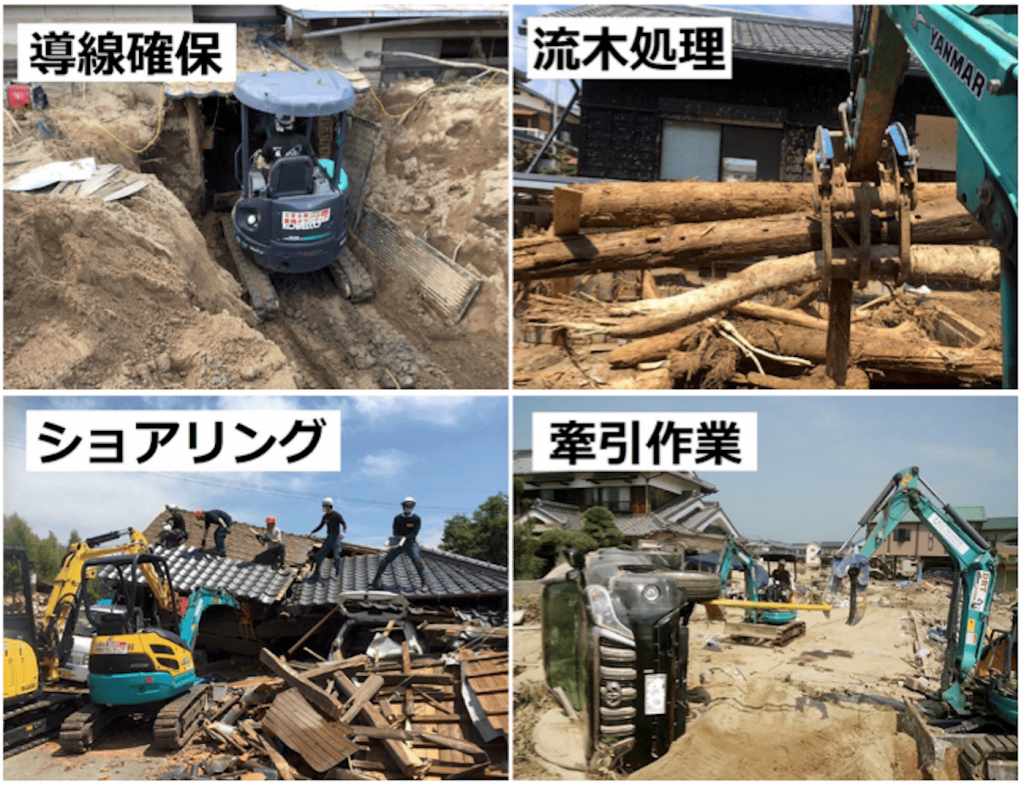 写真:左上より時計回りで、土砂を掘り起こし導線を確保する小型重機、家の前の流木を処理する小型重機、洪水で流され道に横たわる車を牽引する小型重機、倒壊しかけた家を支える小型重機。