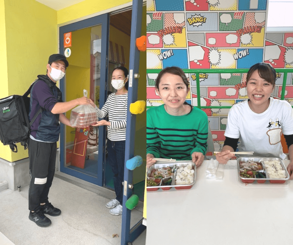 写真:左側の写真が、Uber Eatsの配達パートナーから食事を受け取る施設スタッフ。右側の写真がUber Eatsから届いた食事を楽しむ施設スタッフ