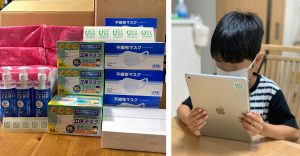 画像左側、商品+財団ステッカーの写真。右側、配布されたタブレットを操作する子どもの写真。
