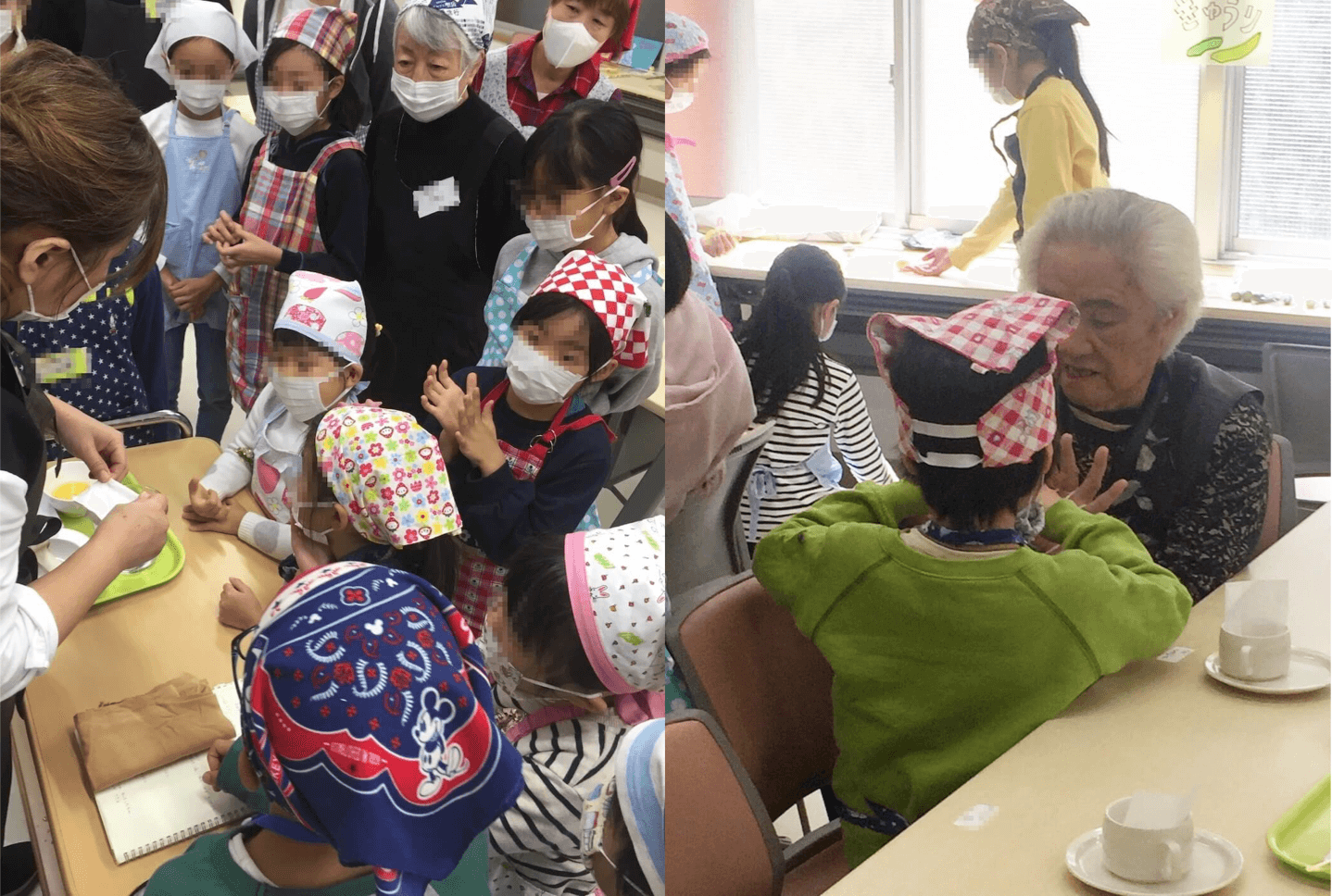 写真:みんなの世界テーブルが主催するイベントの様子。左は、スタッフの説明に耳を傾ける子どもたちと高齢者。右は、高齢者と遊ぶ子ども