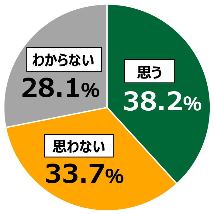 18歳意識調査結果の円グラフ:思う38.2%。思わない33.7%。わからない28.1%。