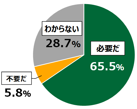 18歳意識調査結果「Q国をあげてデジタル化を進める必要はあるか。」の円グラフ：必要だ65.5%。不要だ5.8%。わからない28.7％。