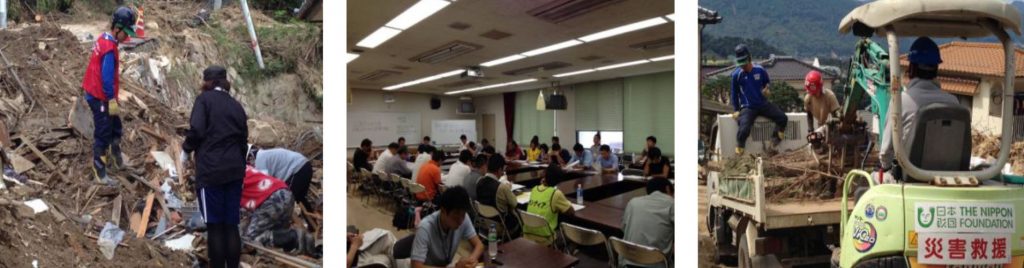 写真:土砂の撤去作業やボランティア団体による会議の様子