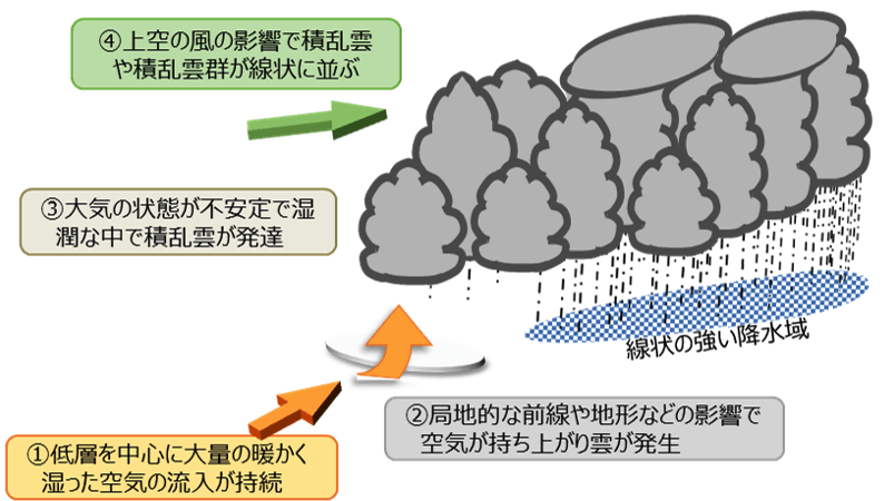 画像:
1.低層を中心に大量の暖かく湿った空気の流入が持続。
2.局地的な前線や地形などの影響で空気が持ち上がり雲が発生。
3.大気の状態が不安定で湿潤な中で積乱雲が発達
4.上空の風の影響で積乱雲や積乱雲群が線状に並ぶ。