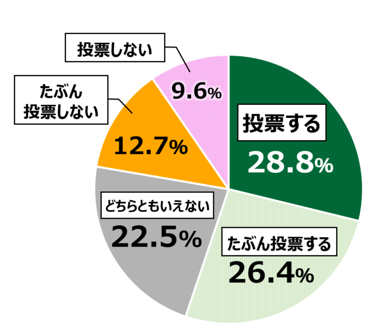 18歳意識調査「2021年衆院選への投票意向有無(n=916)」の円グラフ。投票する28.8%。たぶん投票する26.4%。どちらともいえない22.5%。たぶん投票しない12.7%。投票しない9.6%。