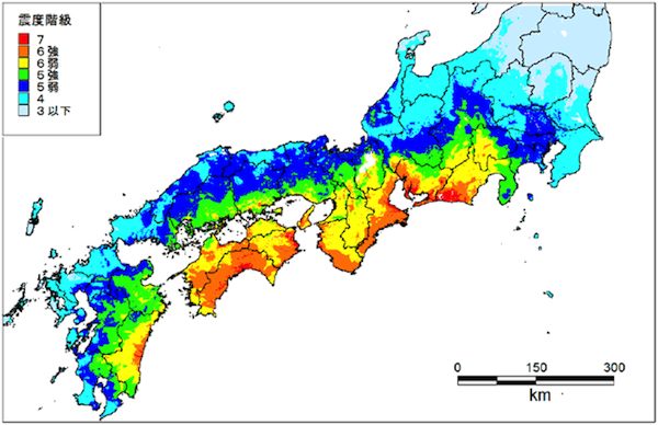 南海トラフ巨大地震の震度分布図:静岡県から宮崎県にかけての一部では震度7となる可能性があるほか、それに隣接する周辺の広い地域では震度6強から6弱の強い揺れになると想定される。また関東南部、中部、山陰では震度5強強、関東北部、日本海側で震度4、東北で震度3以下の揺れが想定される