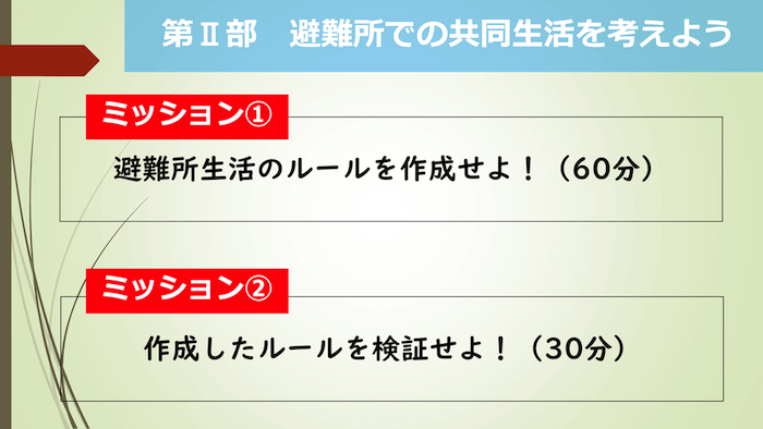 画像:第2部 避難所での共同生活を考えよう
ミッション1…避難所生活のルールを作成せよ!(60分)
ミッション2…作成したルールを検証せよ!(30分)