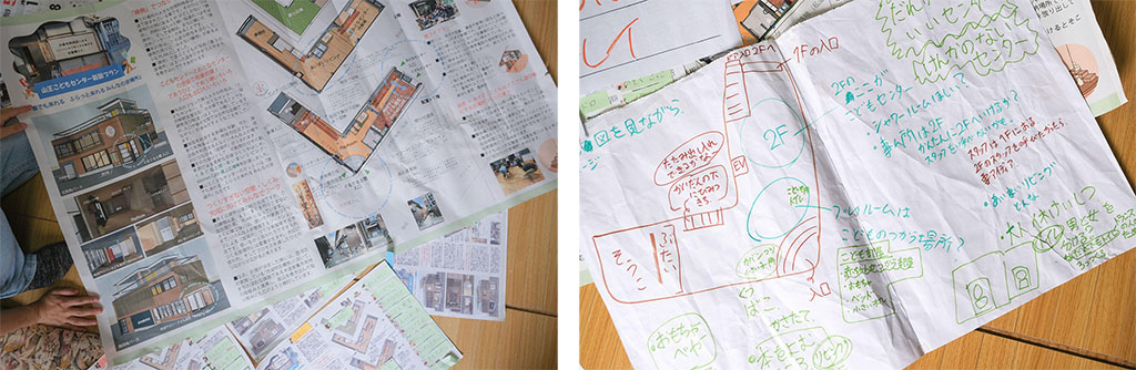 写真:新しい建物の完成予想図と、子どもたちの書いた利用イメージ図