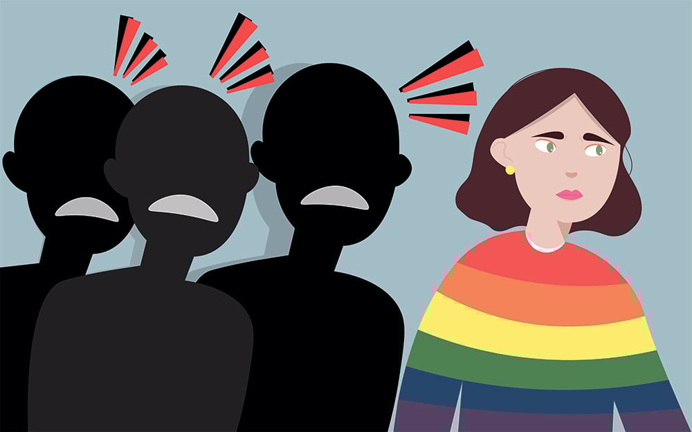 イラスト:レインボーカラーの服を着た人物が、複数の人(シルエット)からからかいの言葉を言われている様子