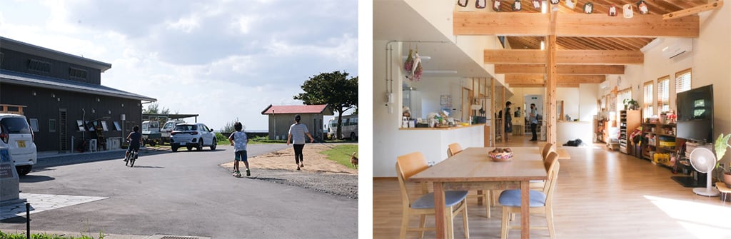 写真左:「子ども自然図書館」外観。写真右:「子ども自然図書館」室内の様子
