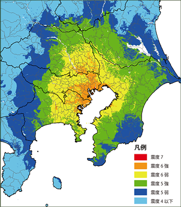 首都圏地図:
東京沿岸部の一部で震度7、隣接する周辺地域で震度6弱〜6強、山間部に行くほど隣接する周辺地域で震度5〜4の揺れになると想定