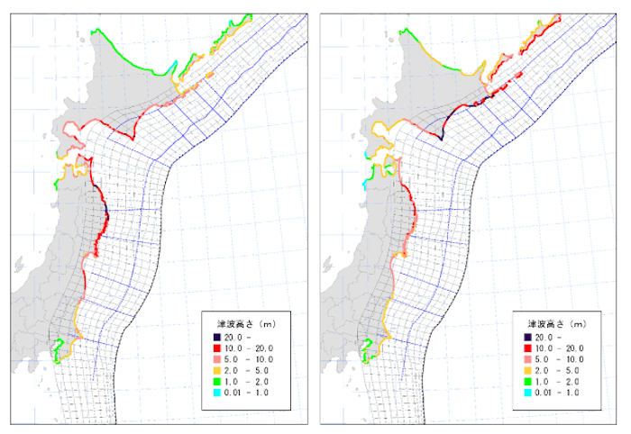 東日本地図:
日本海溝沿いでは、福島県南相馬市で19m、宮城県気仙沼市で16m、岩手県宮古市で30m、青森県八戸市で27m、千島海溝沿いでは、北海道えりも町や釧路町で28mの高い津波が推計されている