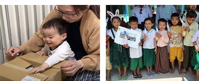 画像左：入院する子どもに付き添うご家族へ寄贈される様子。画像右：寄贈された歯ブラシや歯磨き粉を持つミャンマーの子ども達の様子。