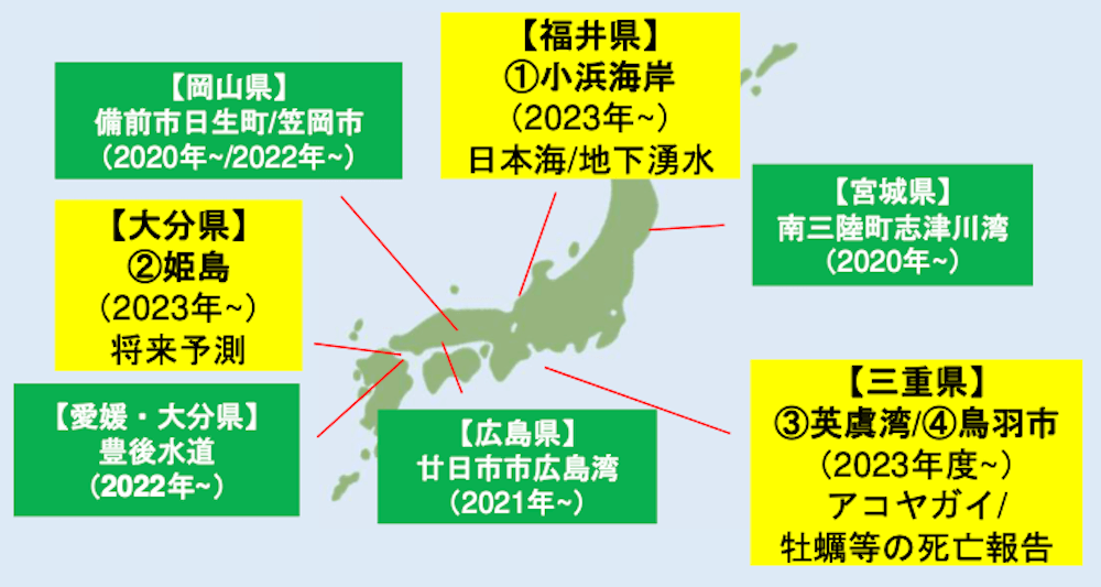日本財団 海洋酸性化適応プロジェクトにおける主な観測地点を示す日本地図:
・【岡山県】備前市日生町/笠岡市(2020年8月〜/2022年〜)
・【宮城県】南三陸町・志津川湾(2020年8月〜)
・【広島県】廿日市市・広島湾(2021年6月〜)
・【愛媛・大分県】豊後水道(2022年〜)
・【福井県】①小浜海岸(2023年〜)将来予想
・【大分県】②姫島(2023年〜)日本海/地下湧水
・【三重県】③英虞湾/④鳥羽市(2023年〜)アコヤ貝/牡蠣等の死亡報告