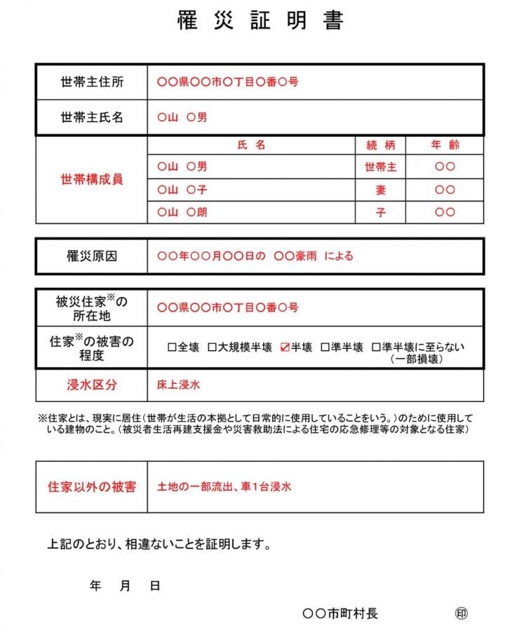 罹災証明書の記入項目：

・世帯主住所
・世帯主氏名
・世帯構成員（氏名と続柄）
・罹災原因
・被災住家（※）の所在地
・住家（※）の被害の程度　チェック項目：全壊、大規模半壊、半壊、準半壊、準半壊に至らない（一部半壊）
　※住家とは、現実に居住（世帯が生活の本拠として日常的に使用していることをいう）のために使用している建物のこと。（被災者生活再建支援金や災害救助法による住宅の応急修理等の対象となる住家）
・浸水区分
・住家以外の被害

役所の記入欄：
上記の通り、相違ないことを証明します。
年月日 市町村長の署名と捺印欄