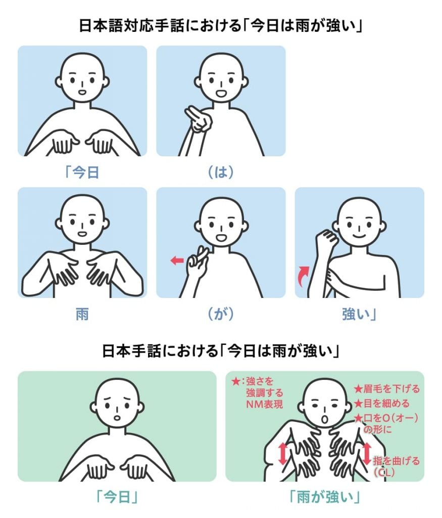 日本語対応手話における「今日は雨が強い」と日本手話における「今日は雨が強い」の違い

日本語対応手話の場合、手のひらを下に向けて「今日」、指文字で「は」、手の指を下に向けて「雨」、指文字で「が」、右手で力こぶを作り、左手を添え「強い」

「日本手話」の場合、手のひらを下に向けて「今日」、「強い雨」を表現する時は、「雨」の手話単語の指を曲げ（CL）、眉毛を下げ、目を細め、口をOの形にすることで「強い」を表現する