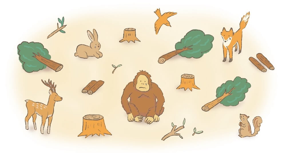イラスト：住み家とする森林が破壊され悲しむ動物たち