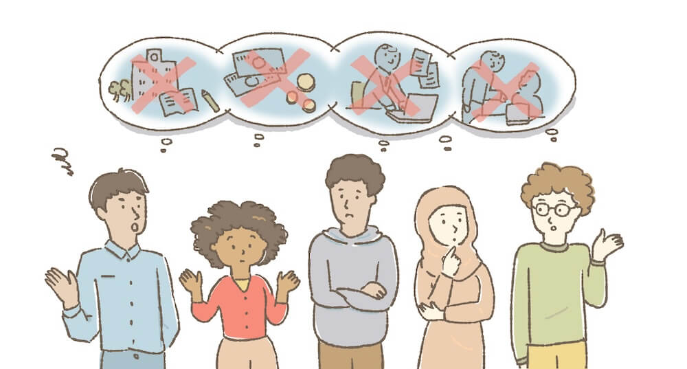 イラスト：十分な教育も訓練も受けられず、仕事がなくて困っている世界の若者たち