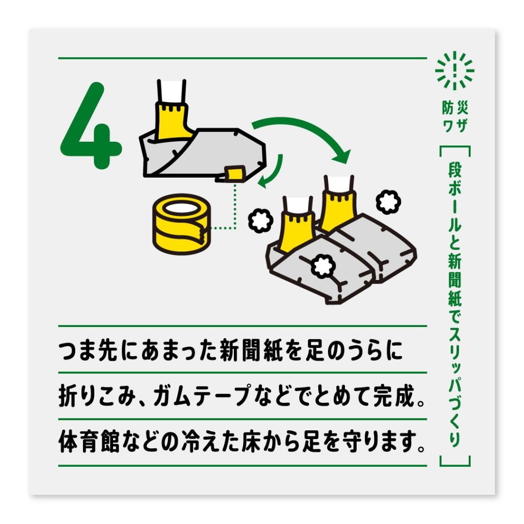4.つま先にあまった新聞紙を足のうらに折りこみ、ガムテープなどでとめて完成。体育館などの冷えた床から足を守ります。