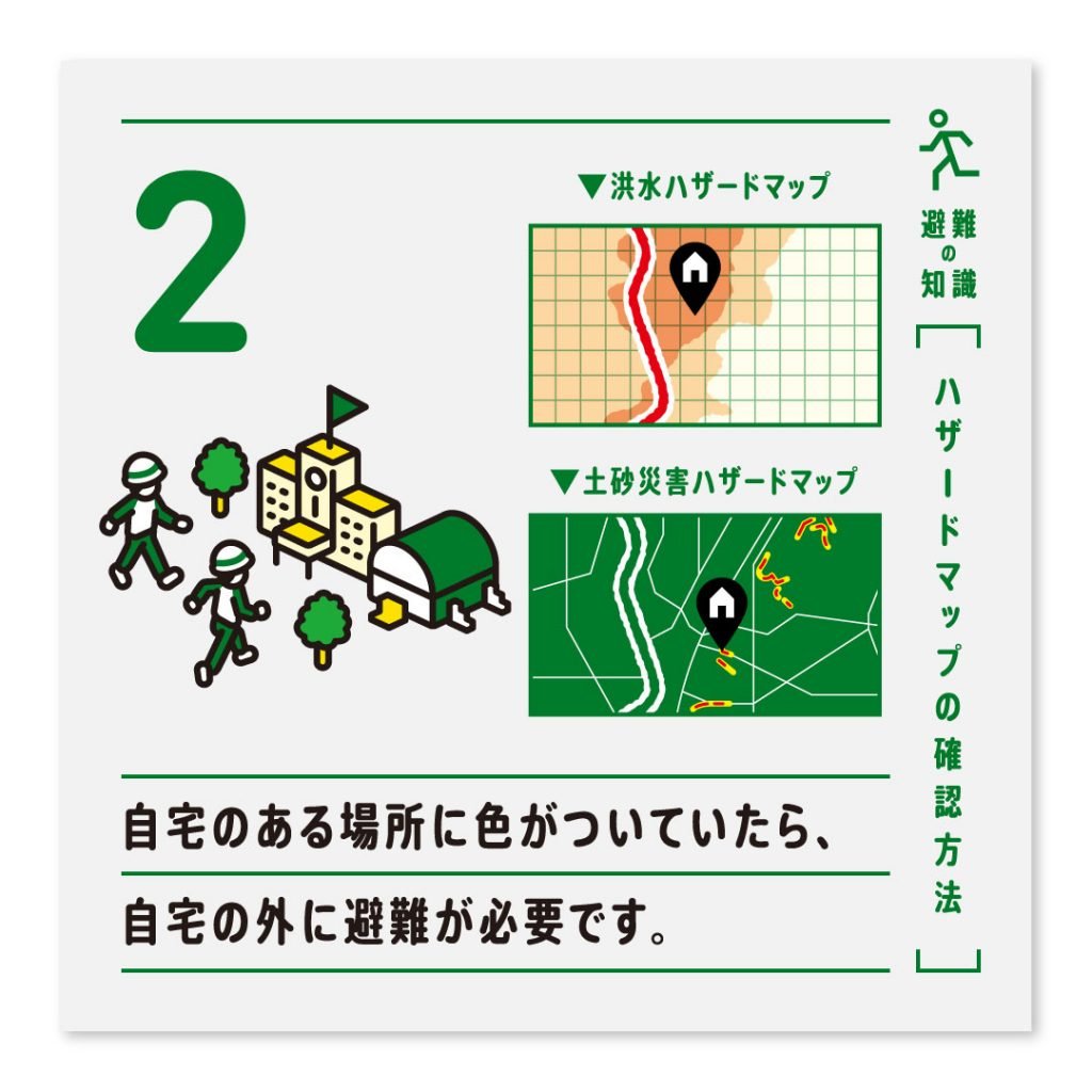 2.自宅のある場所に色がついていたら、自宅の外に避難が必要です。