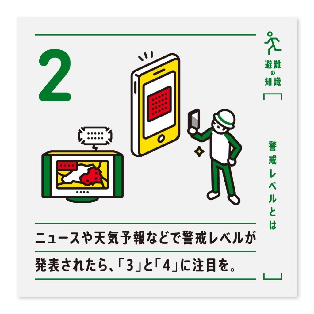 2.ニュースや天気予報などで警戒レベルが発表されたら、「3」と「4」に注目を。