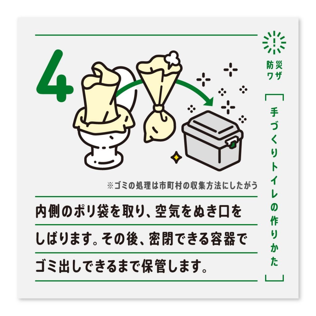 4.内側のポリ袋を取り、空気をぬき口をしばります。その後、密閉できる容器でゴミ出しできるまで保管します。※ゴミの処理は市町村の収集方法にしたがう