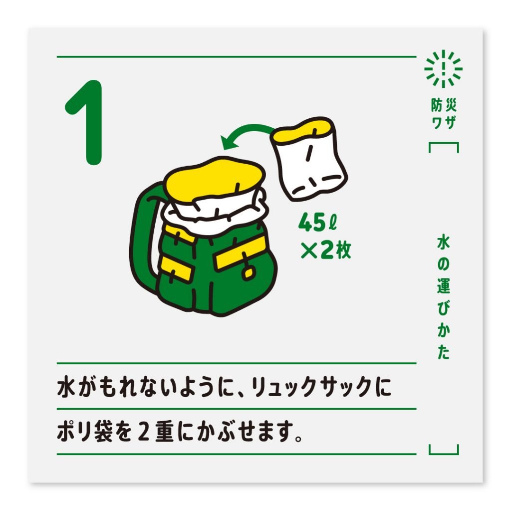 1.水がもれないように、リュックサックにポリ袋を2重（45L×2枚）にかぶせます。