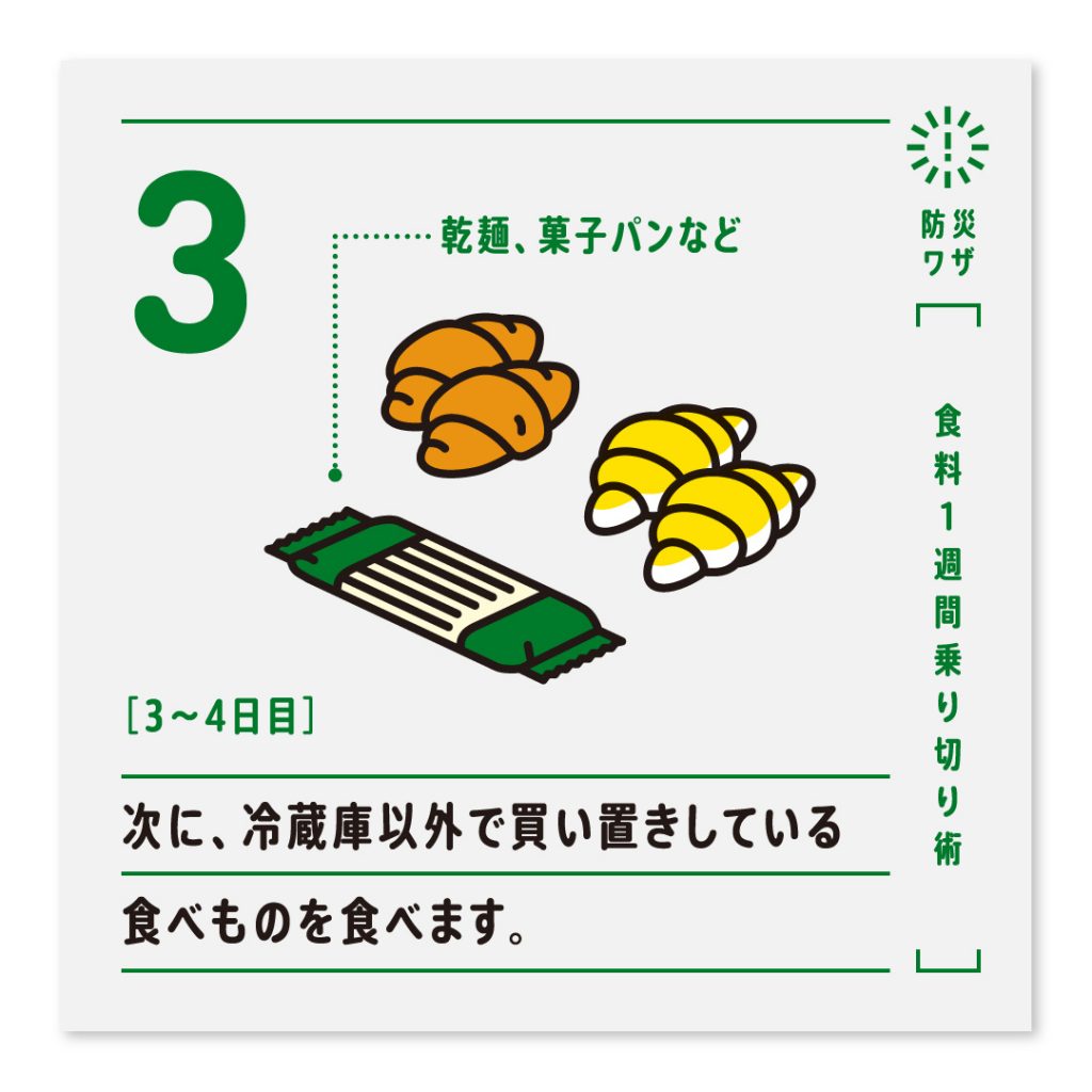 3.3～4日目：次に、冷蔵庫以外で買い置きしている食べものを食べます。