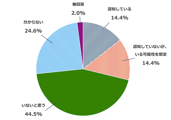 円グラフ：
認知している13.4%
認知していないが、いる可能性を想定13.4%
いないと思う41.4%
分からない22.9%
無回答1.9%