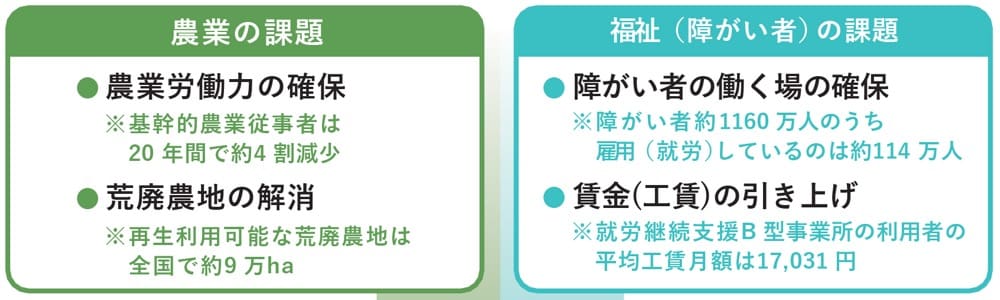 農業の課題と福祉(障がい者)の課題。
農業の課題は「農業労働力の確保」と荒廃農地の解消。
基幹的農業従事者は
20年間で約4割減少し、再生利用可能な荒廃農地は全国で約9万ヘクタール
福祉(障がい者)の課題は「障がい者の働く場の確保」「賃金(工賃)の引き上げ」。
障がい者約1160万人のうち、雇用(就労)しているのは約114万人で、就労継続支援B型事業所の利用者の平均工賃月額は17,031円