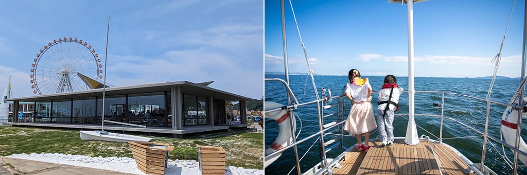 写真:商業施設等が集まるラグーナ蒲郡に隣接する渚の交番UMICAN(うみかん)(写真左)ヨット乗船体験を楽しむ子ども達(写真右)