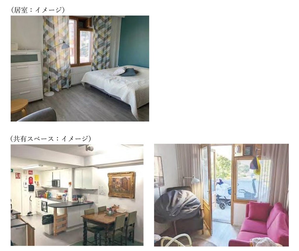 画像「産前産後の居場所」イメージ写真。上段写真：居室イメージ、下段写真（左右とも）共有スペースイメージ）