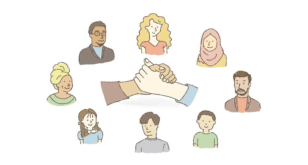 イラスト：様々な国の大人や子どもたち。真ん中に握手する手