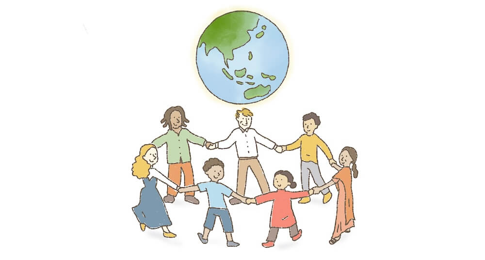 イラスト：地球を支える、様々な国の大人や子どもたちの輪