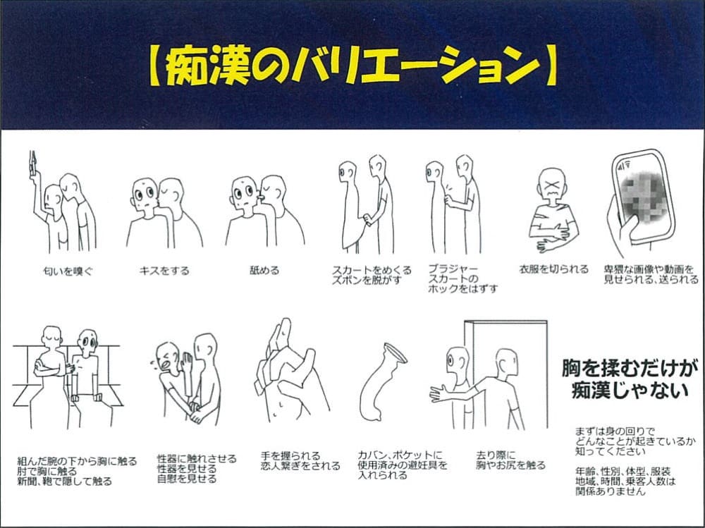 痴漢のバリエーション。痴漢行為には多くの種類があり、「胸を揉むだけが痴漢ではない」と説明しているイラスト。

匂いを嗅ぐ
キスをする
舐める
スカートをめくる、ズボンを脱がす
ブラジャーやスカートのホックを外す
衣服を切られる
卑猥な画像や動画を見せられる、送られる
組んだ腕の下から胸を触る、肘で胸に触る、新聞や鞄で隠して触る
性器に触れさせる、性器を見せる、自撮りを見せる
手を握られる
カバンやポケットに使用済みの避妊具を入れられる
去り際に胸やお尻を触る


まずは身の回りでどんなことが起きているか知ってください。痴漢には生活、性別、体型、服装、性格に関係ありません。