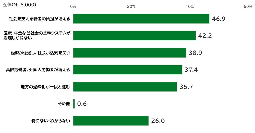 少子化に関する意識調査の棒グラフ。全員を対象とした「あなたは日本における少子化の進行により、どのような状況になることを懸念しますか。」の質問に回答した人の項目別割合(%)。 回答数n=6,000。「社会を支える若者の負担が増える」と答えた人は46.9%。「医療・年金など社会の基幹システムが崩壊しかねない」と答えた人は42.2%。「経済が低迷し、社会が活気を失う」と答えた人は38.9%。「高齢労働者、外国人労働者が増える」と答えた人は37.4%。「地方の過疎化が一段と進む」と答えた人は35.7%。「その他」と答えた人は0.6%。「特にない・わからない」と答えた人は26.0%。