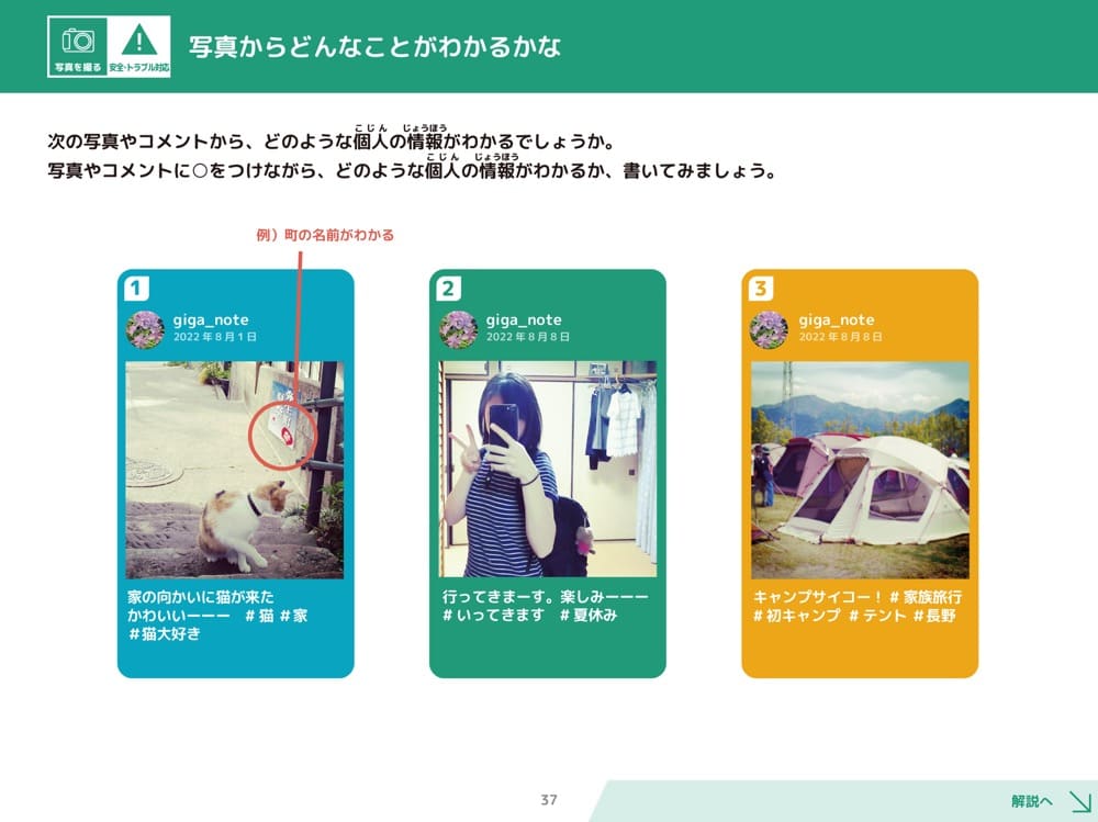 SNSにアップされた画像から個人情報を読み取る教材。撮影された画像からは住所、性別や部屋の間取り、外出しているか否かが分かる