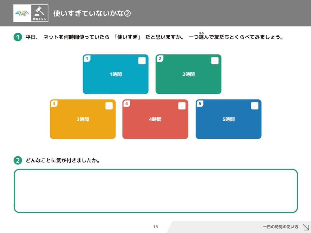 平日、ネットを何時間使っていたら使いすぎだと思いますか?と書かれた教材