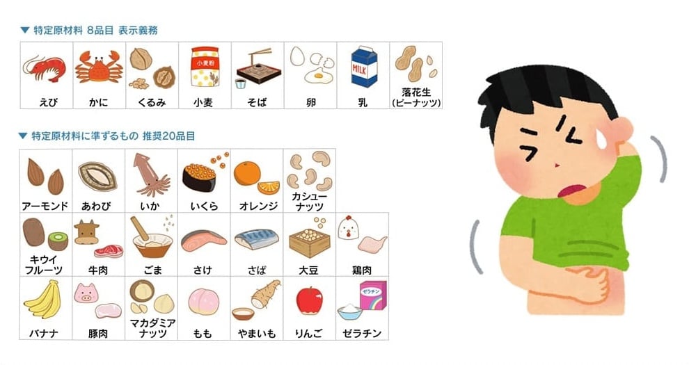 表示義務のある特定原材料8品目 えび、かに、くるみ、小麦、そば、卵、乳、落花生（ピーナッツ） 特定原材料に準ずるもの 推奨20品目 アーモンド、あわび、いか、いくら、オレンジ、カシューナッツ、キウイフルーツ、牛肉、ごま、さけ、さば、大豆、鶏肉、バナナ、豚肉、マカダミアナッツ、もも、やまいも、りんご、ゼラチン