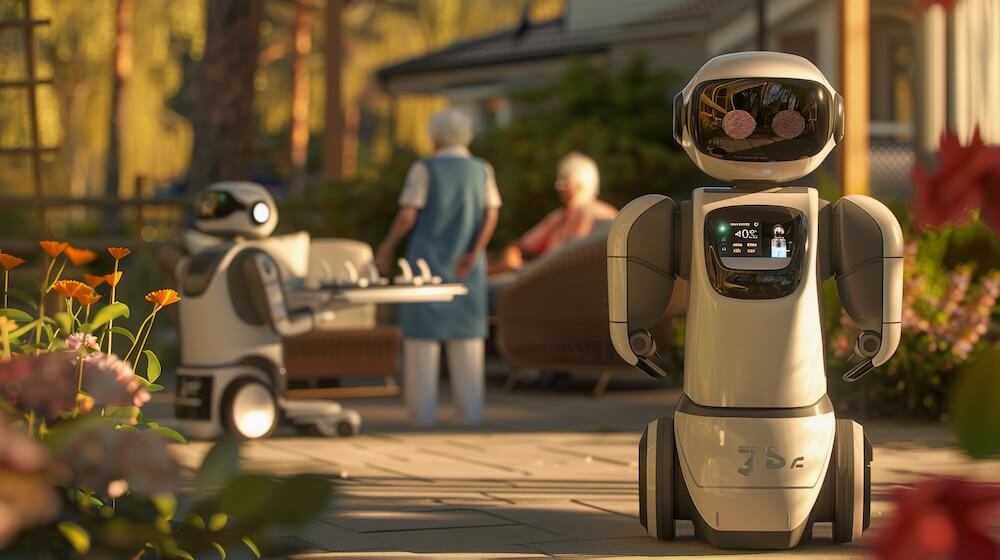 介護施設で介護者の介助をするロボットたち