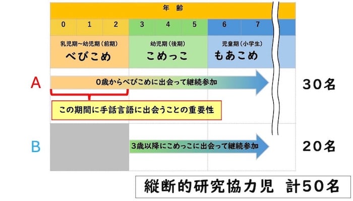 年齢0・1・2歳／べびこめ 乳児期~幼児期 (前期)
年齢3・4・5歳／こめっこ 幼児期 (後期)
年齢6・7歳／もあこめ 児童期 (小学生)

A.0歳からべびこめに出会って継続参加／30名。
　　0・1・2歳の期間に手話言語に出会うことの重要性
B.3歳以降にこめっこに出会って継続参加/20名

縦断的研究協力児 計50名