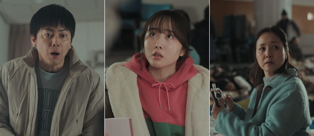 画像:防災啓発キャンペーン動画「#推し活防災」の1シーン。左から、西村真二 さん (コットン)、本田望結さん、忍足亜希子さん。