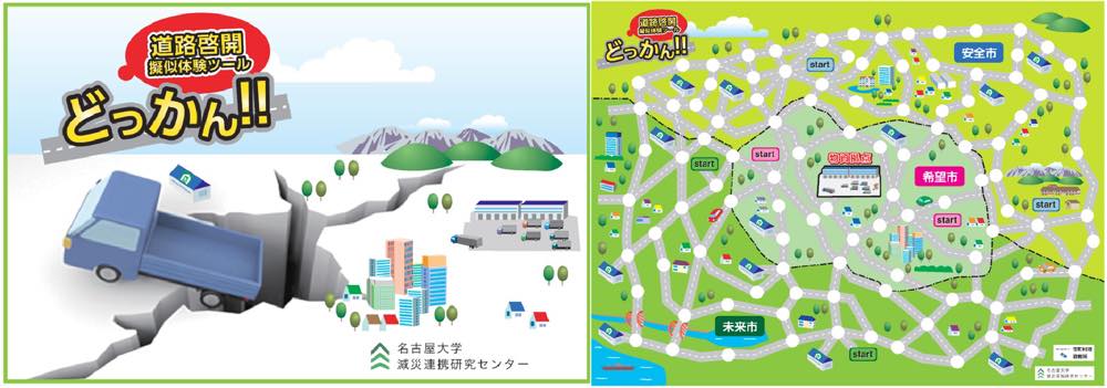 左側(パッケージ画像):
「道路啓開 疑似体験ツール どっかん!!」というタイトルが大きく表示されている。
イラストでは、道路が地震で大きく崩壊し、トラックが落ちそうになっている様子が描かれている。
背景には、都市部や山、建物などの風景が見える。
名古屋大学 減災連携研究センターのロゴが記載されている。
右側(ツールで使用する地図):
道路ネットワークを示したマップで、多くの交差点やルートが描かれている。
「安全市」「希望市」「未来市」などの都市名が表示されている。
「START」と書かれた地点が複数あり、プレイヤーが異なる場所からスタートできることを示している。
被災地の復旧を模擬するボードゲームのようなデザインで、道路啓開のプロセスを疑似体験できるツールの一部と考えられる。