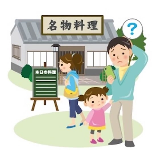 イラスト：地方の名物料理屋さんで、食物アレルギー情報がわからず困っているお父さんとその家族