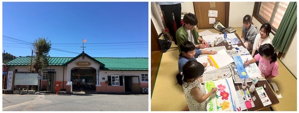 写真左：谷村町駅
写真右：駅舎の中にある部屋で絵を描くのを楽しむ子どもたち